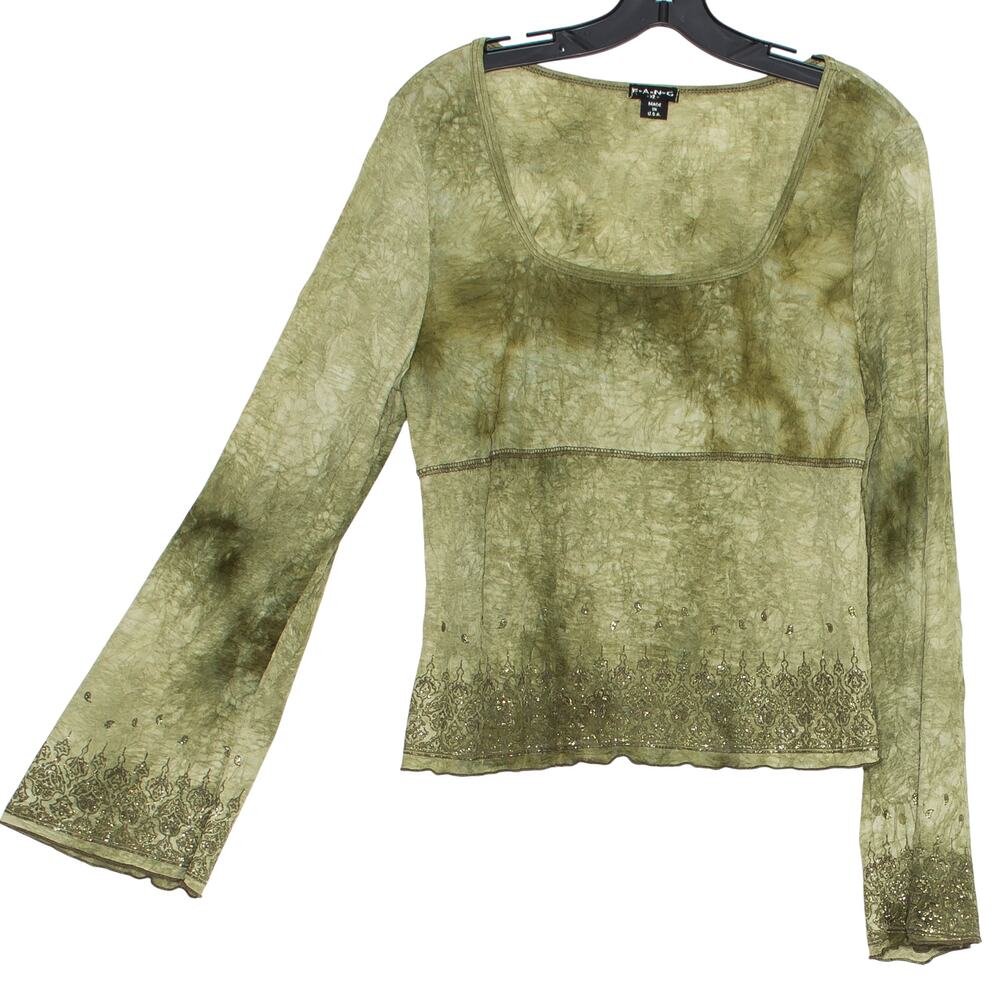 FANG Y2K Sheer Top Mesh Glitter Bell Sleeve Forest Fairy Grunge Goblincore XL - Picture 2 of 6